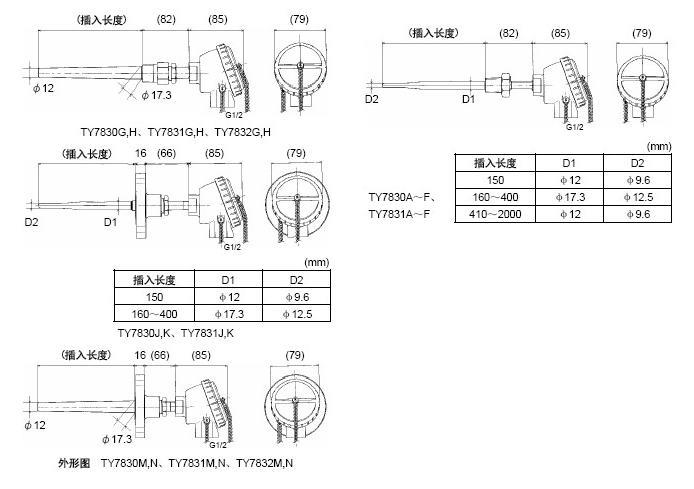 TY7840H1015 TY7840H1020配管温度检测器尺寸图